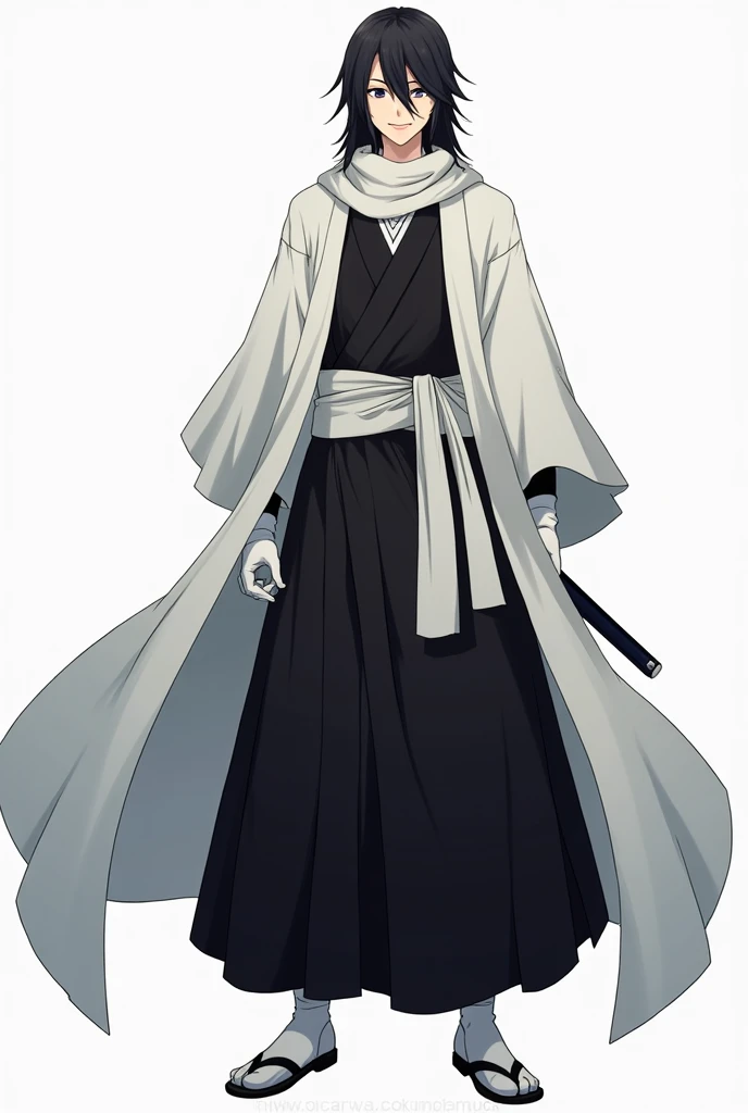  created for me a tall bleach captain,  with a white long-sleeved cloak that falls over the hands and opens,  simple katana wrapped around the waist , straight black and long hair , And black kimono , with a smile,  in front , with a long scarf around his ...