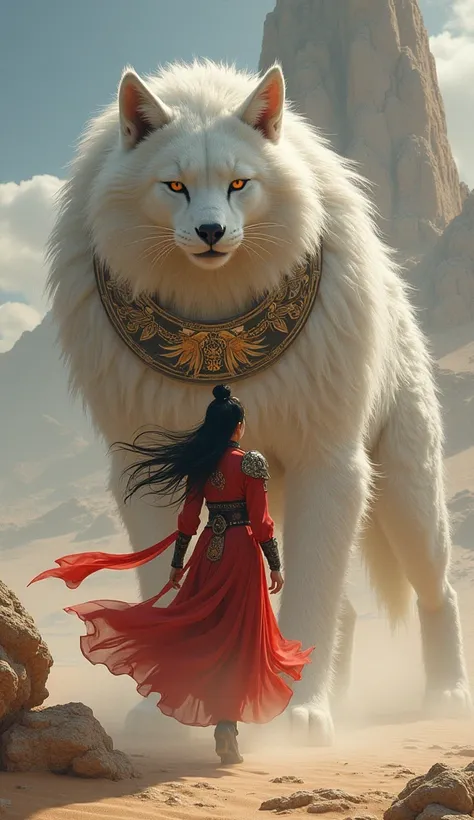 壮大なファンタジーの世界in、 scene where a woman who looks like a Chinese People Warrior goes on an adventure with a giant cat。 the woman wears combat costumes 、Her hair is swaying in the wind 。Cats are very large 、 cat is lycoy （Wolf cat ）in、 has gorgeous ornaments on...