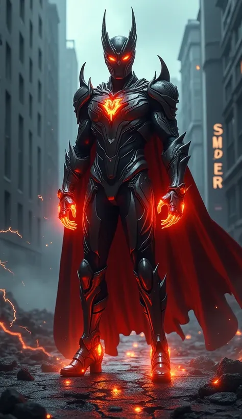 A hyper-realistic depiction of a powerful supervillain standing in a dark, stormy urban environment. The villain is a tall, menacing figure with glowing, fiery orange eyes and an aura of dark energy radiating from their hands. Their outfit is a sleek, futu...