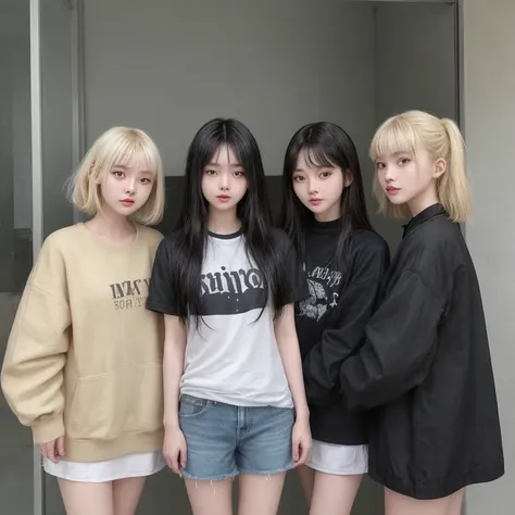 3girls, trio ,Koreans,a girl of the left have a Short hair black and a style of fashion cute,A girl of the Quite with a long hair blonde and a style of fashion aesthetic, and the girl of the right with a hair medium size and black with a casual style