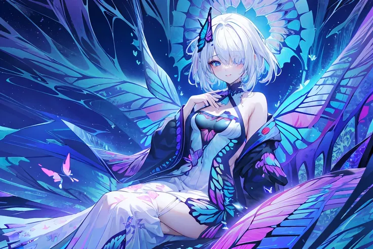 (realstic style:1.1),(best quality),4k,a woman,beautiful,Extremely detailed,hires,(Fractal Art:1.6),(Dreamy Atmosphere),((colorful butterfly) pattern),one-piece dress,long skirt,sitting,beautiful background,
white hair, short hair,(hair over one eye:1.2),s...