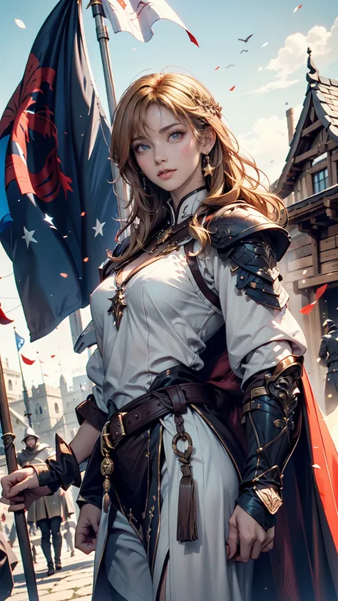 24 year old Caucasian female、 Joan of Arc with a Holy Spear、Blonde、 semi-long hair、Hair becomes wavy、 blue eyes、 long lashes、Eye Makeup、 lip gloss、 full plate armor with battle flag pole、Cape、Warrior Princess、戦旗のポール持つ、 cowboy shot、 medieval European castle...