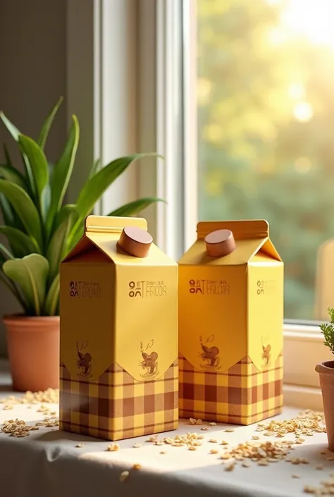  Create 2 milk boxes named OATnectar with the body of the plaid brown mix yellow box placed on the tablecloth in the corner of the glass window with plants and some oats around. Shining the sun from the window through 