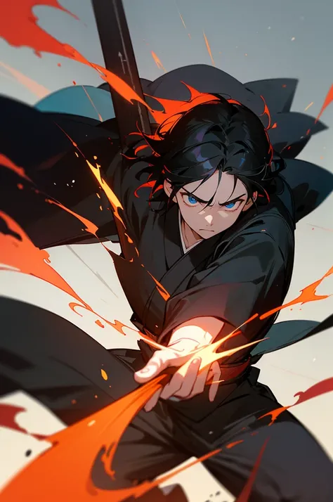 Concentrated and strong expression, Black Haired Boy, Black kimono with red accents, Pose to stick out a large spear of fire, Phoenix effect on the bottom of the palm 、Open palm striking position, Staring ahead with a sharp gaze, Sparkling blue eyes, Light...