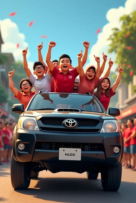 10 people of indonesian citizen wearing polo shirts,1 with shirt see, another with a red shirt and the other with hijab, on top of a black hilux pickup truck, with arms raised making the victory code with your hands, happy, Pixar-style, 3d style with a cro...