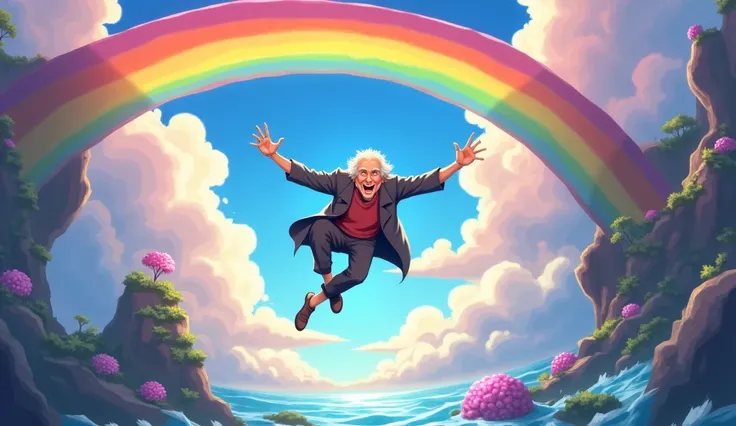 a whimsical old man dangling from a rainbow bridge, fantasy, anime, intricate details, highly detailed, 8k, photorealistic, dramatic lighting, vibrant colors, surreal, magical, dreamlike, fantastical, wonderous, awe-inspiring, captivating, imaginative, eth...