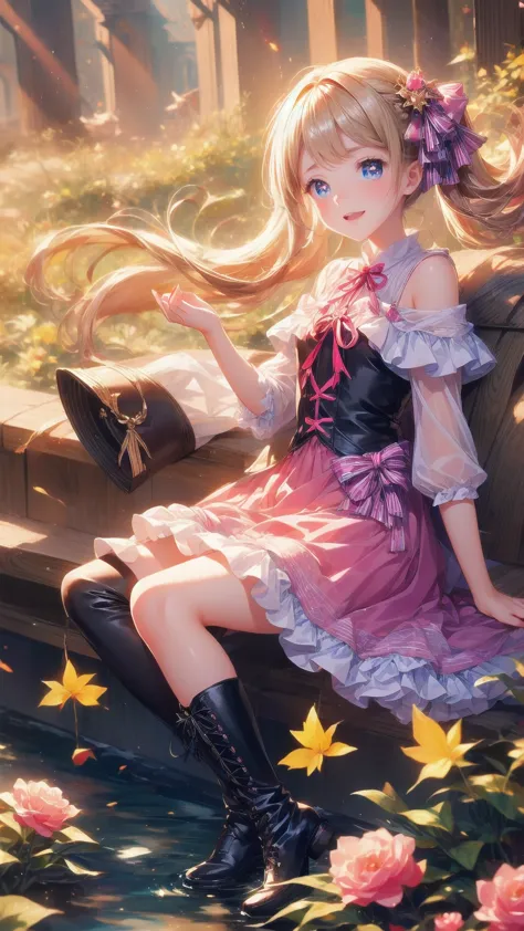 、 beautiful girl、とてもcute天使、 pink gothic dress 、cute、baby face、smile、 long skirt、 black long boots 、