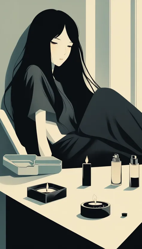 A room with an empty ashtray and a lighter next to it on a table, where a long-haired woman with black hair is lying down alone.

