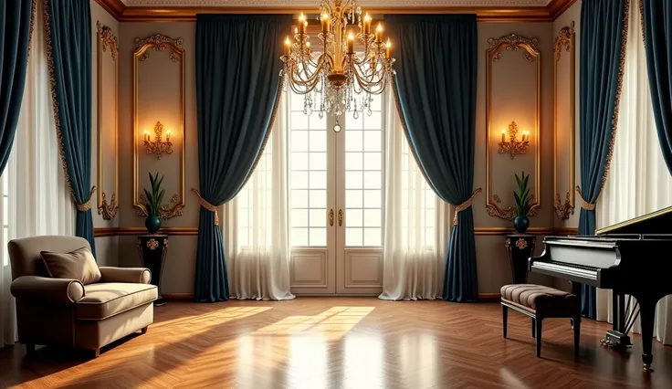 An elegant, luxurious interior space with polished wooden floors, grand windows letting in natural light, soft velvet curtains, and gold accents. The room features tasteful furniture like a velvet armchair, a stylish grand chandelier, and decorative elemen...