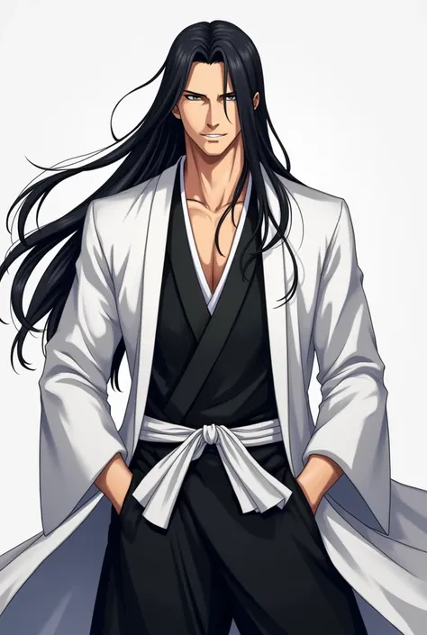 Create for me a bleach captain with a more mature but youthful and tall appearance with a strong body,  with the white long-sleeved robe that falls over his hands and opens, straight black and long hair , And black kimono , with a smile,  in front , with a...