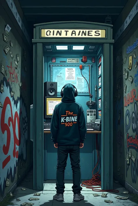 Pochette d album de rap  Illustration d Un homme blanc capuché debout avec un pull sur le quel est indiqué La K-bine 5000 le personnage est de face avec un casque audio sur les orreille et air max one   la Cabine telephonique   se situe au millieu d un rue...