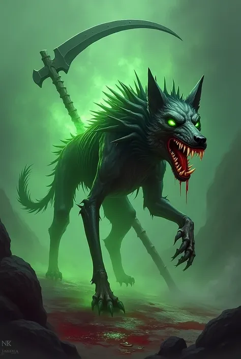 Undead Snarling Canine  grim reaper, green soul energy, large scythe, snarling blood dripping from fangs, intense gore