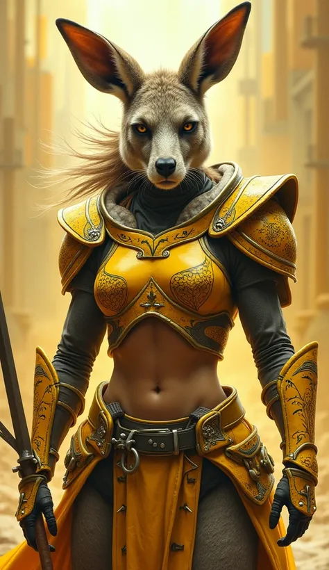 Yashil,  yellow and grey colours with kangaroo motifs .
Prompt:  A female inspired by Australian kangaroo warriors. Kenguru motivlari bilan,  physically strong and ready for battle .