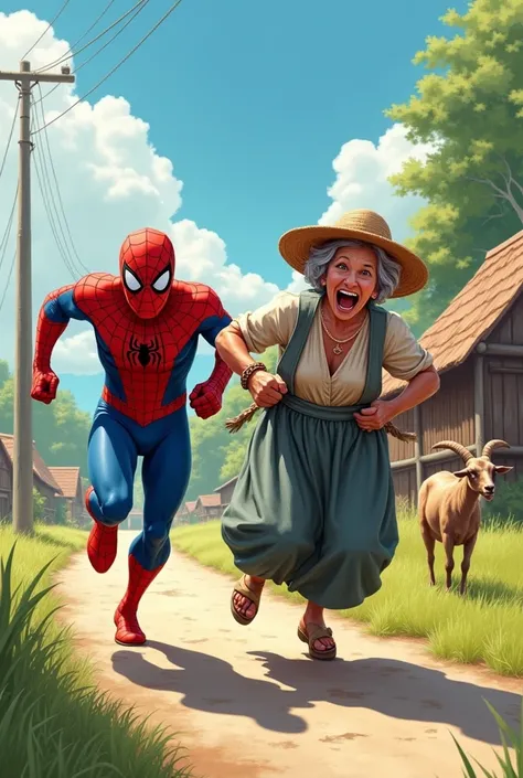 A sunny countryside scene with vibrant green grass and a bright blue sky, depicted in a semi-realistic illustration style with detailed textures and vibrant colors. In the foreground, Spider-Man is sprinting forward in sheer panic, his mouth wide open in s...