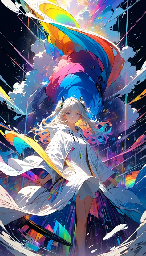 A fusion of acrylic and collage painting, Tall and beautiful works of art,  1 goddess of destruction riding neon-colored cosmic rays wearing hooded robes, Shatters the space around you into rainbow-colored glass, Ivory Wave Two Side Up Hair, Im wearing a h...