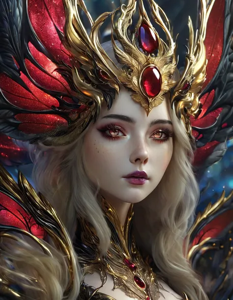  In a captivating close-up ,  a Gothic woman stands out with impressive ethereal-looking wings,  whose edges are adorned with sparkles of gold leaf . his eyes,  full of mystery and depth ,  reflect a universe of emotions , while her lips, of a deep red,  s...