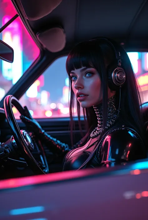 Heres the updated prompt description:

"A futuristic woman with long, straight black hair and bangs, featuring bright blue eyes and a mechanical black steel cybernetic neck, is driving a modified Mustang with a 1980s cyberpunk aesthetic, complete with neon...