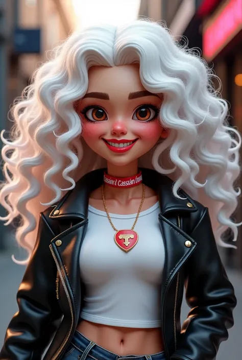 Nina 3d chubby white curly hair short black leather jacket white t-shirt red collar logo that says Cassiani streaming