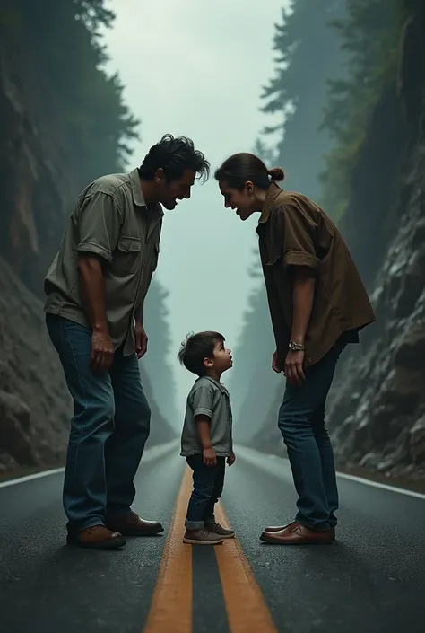 Mom and dad are arguing angrily their two year old son is watching them,  they are about to cross a very narrow road with an abyss 