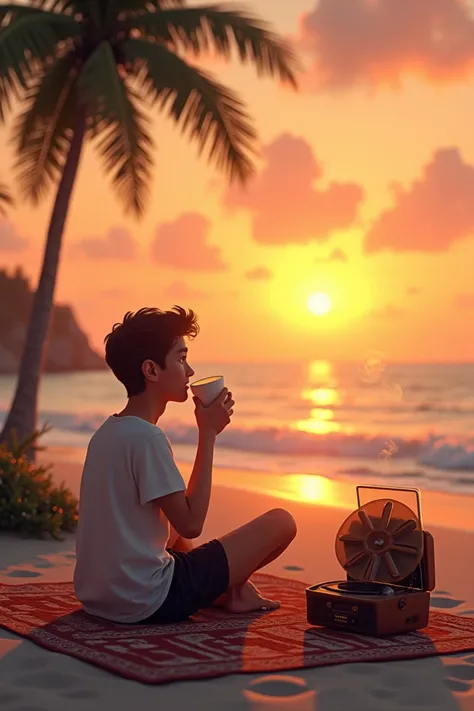 A young enjoying the sunset on the beach with a cup of coffee, on his left side a carpet is laying and a tape recorder is playing 