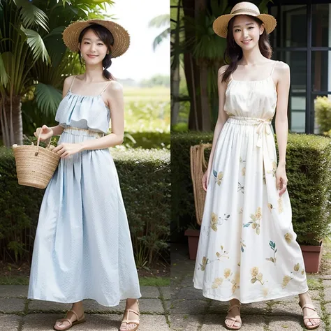  one woman、 Her waist is thin and toned 、 white skin、Slim figure、 smile with a bright light、 charming eyes、Ponytail hairstyle、 gorgeous flower print maxi dress、
Flat sandals、
Straw Hat、
Botanical pattern bag 、
 gold accessories 