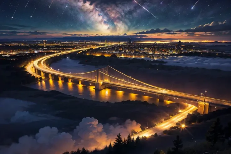 a beautiful, magnificent rainbow bridge in the sky, surrounded by clouds, stars, and a meteor shower, fantasy landscape, dynamic angle, colorful lighting, wide-angle lens, 4k, masterpiece, stunning, exquisite, happy