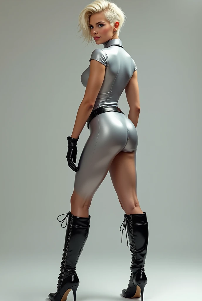 Blonde Sergeant tamora calhoun ,silver metallic latex catsuit , black high Heel Knee boots, shoelaces, ,  legs spread , Back view of Long legs,short hair cut, large breasts,belt, small hip, smiling,  blue eyes ,  breathtaking proportions,  best quality ,  ...