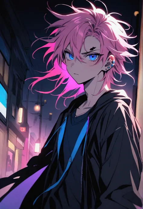 A One male teenager with Pink hair with neon blue with white streaks and disheveled, Eyes with a powerful intensity, Blue eyes . Piercing on the left eyebrow. Casual and urban clothing.