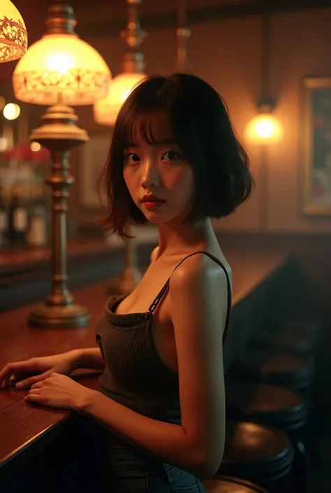 18 year old Japanese girl wearing thin clothes, short hair, in a pub, beautiful, cute, seductive, sexy, filmed on camera vintage, standing in full view, with 3 decorative lamps next to her, facing the light in front of the face.