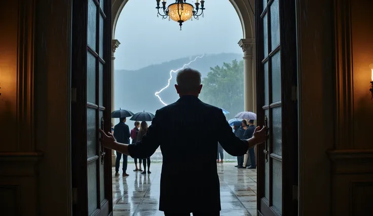 A photo of a reclusive millionaire in his late 50s, standing at the grand entrance of his mansion. He holds one of the large double doors open, his expression hesitant but resolved. Behind him, the opulent interior of the mansion is visible, including a gl...