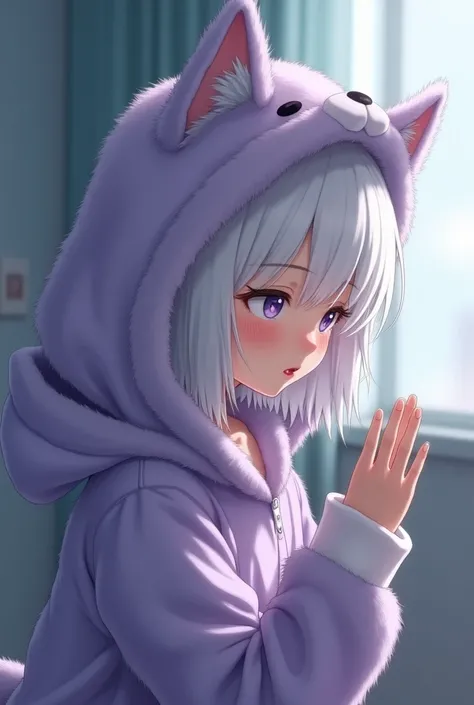  ((close-up),  profile,1.5 Left Facing ), (  girl ),  white hair , ( Fluffy Wolf Costume Pyjamas:1.4), (Open pajamas:1.2), ( Light Purple Pajamas :1.4), Animal Hoodie, (Food Up:1.Under the hoodie,  Oversized Hoodie ,  Five Fingers ,   perfect hand to get c...