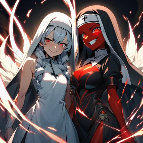 (2girls), (a mature old nun servant and very young powerful goddess (master teenager)). (Goddess have glowing red skin, smirk, powerful aura), (the nun is loyal and shy).