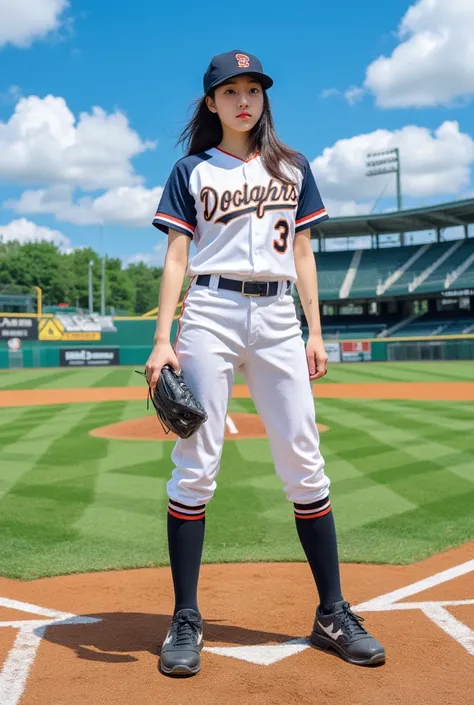 （Sit with your legs apart：1.4）、Full body view from head to toe、detailed slender legs、 (baseball Ground、Baseball uniforms、Shorts:1.5), (stomach、Abdominal muscles:1.4), 15-year-old high school girl,Cute Japanese Girl,シャツを押し上げるHuge breasts、(Bursting Busty:1.3...