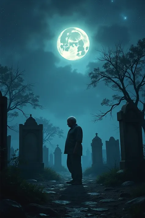 Imagine a desolate graveyard under a starry night sky, the moon casting an eerie glow over the tombstones. Shadows dance between the graves


There will be graveyards, there will be many ghosts, there will be night sky and the moon, there will be blood eve...