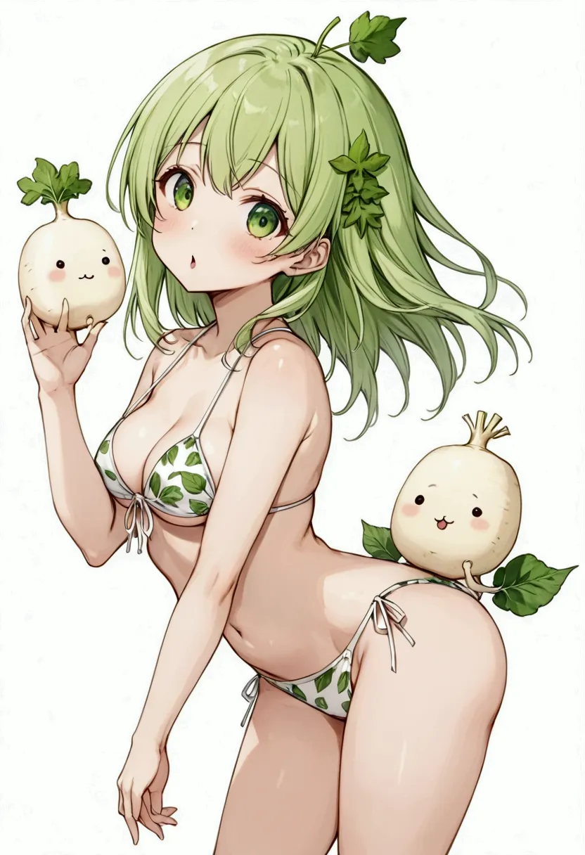 (Daikon Idol :Eyes and mouth:limbs:white:Leaf Hair ), A human-like daikon character with a long white body and green leafy hair,Bikini Wear, Gravure Shooting,セクシーポーズ,Daikon Idol は手にdaikonキャラクターを持っています。