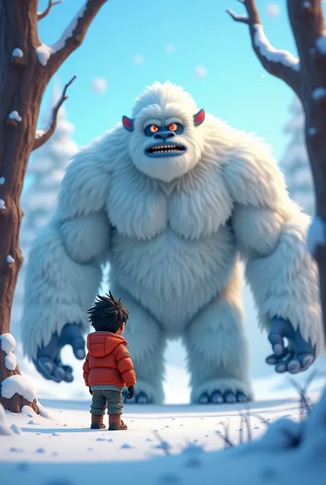 In cinematic 3d cartoon style"As Tashi follows the footprints, he hears a low, guttural sound. Turning a corner, he catches sight of a towering figure covered in thick, shaggy fur. The Yeti stands motionless, its glowing eyes fixed on him.

Terrified, Tash...