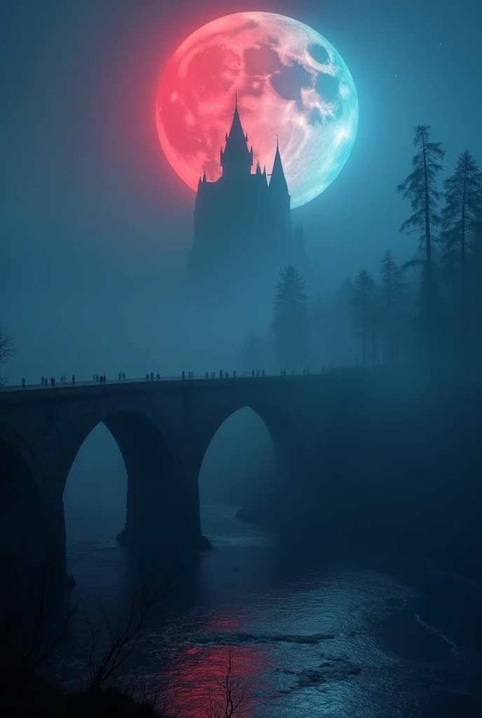 An ancient bridge enveloped in deep fog, with a red moon and a blue moon illuminating the scene, creating a mystical, otherworldly atmosphere. In the background, a majestic old castle can be seen, shrouded in mystery. The overall mood is enchanting and sur...