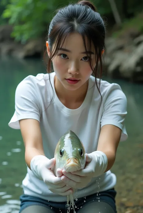 A WOMAN WEARING WHITE RUBBER GLOVES CATCHING A FISH