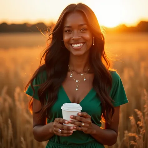 A chocolate-skinned young woman with long  ,  hair wearing short emerald green sleeves and smiling cheerfully while holding a white coffee cup in her hand against the orange-colored portrait of a beautiful woman with long hair on the field, golden hour, su...