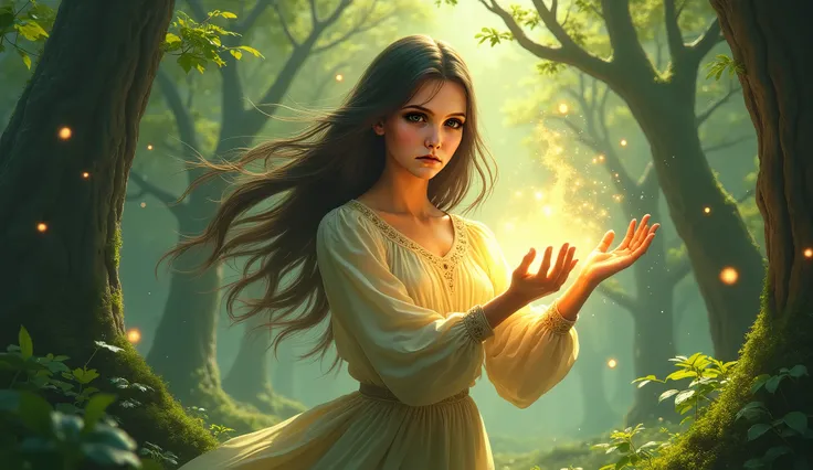 A girl raising her hands, detailed face, beautiful long hair, glowing eyes, magical energy emanating from her palms, withered forest regenerating with new growth, lush greenery, sunlight filtering through the trees, cinematic lighting, digital painting, 8k...