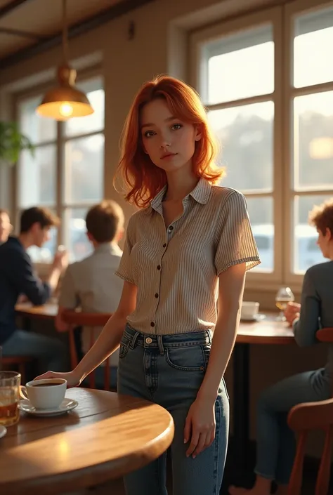 Anechka Oginova in the restaurant in the morning wearing jeans and a striped shirt