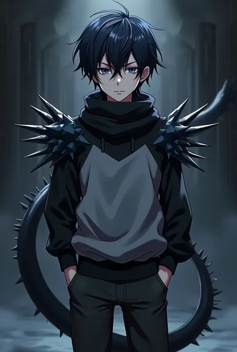  A young adult anime boy, gray skin,  black hair with blue threads,  gray and black shirt , Cachicol Preto ,  thorny shoulder pads ,  dark gray pants ,  black boots ,  black lizard tail