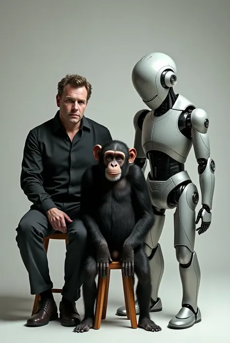 A realistic image of a Chimp, an adult human male in the middle and a robot all three of a similar height; all sitting on a stool facing front in the camera with a mysterious smile.