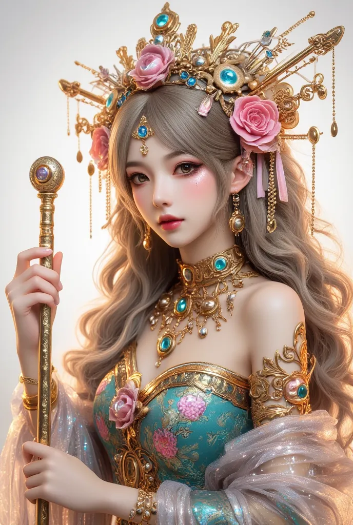 super detailed high-quality 8k stunning, high-quality digital artwork of a beautiful elven lady with a steampunk cane, the backg...