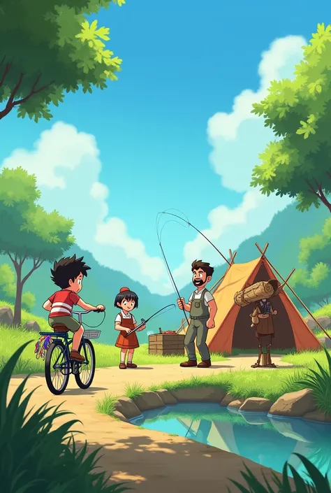  Animated image of a boy riding his bicycle, A lady cooking ,  a man building a tent , a boy fishing ,  and a man carrying firewood 