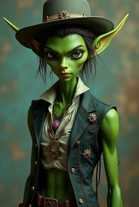 A green-skinned humanoid alien with long, pointed ears, inspired by Johnny Depp’s signature style. The character has a slim yet muscular physique, wearing a stylish hat and unique accessories, blending alien and bohemian aesthetics. The face features deep,...