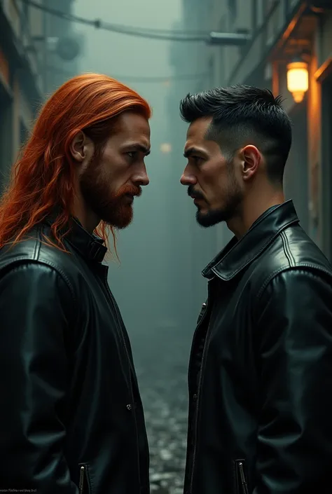 There are two men! One with long red hair and the other with short black hair 