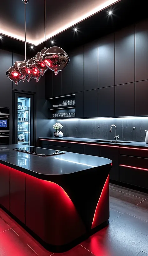 Design a cutting-edge kitchen inspired by "The Terminator," fusing advanced technology with sleek industrial style. The space features matte black cabinetry with polished chrome accents, and every appliance is built into the design for a seamless, futurist...