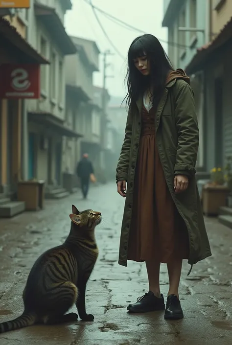 An ugly woman saw a cat there