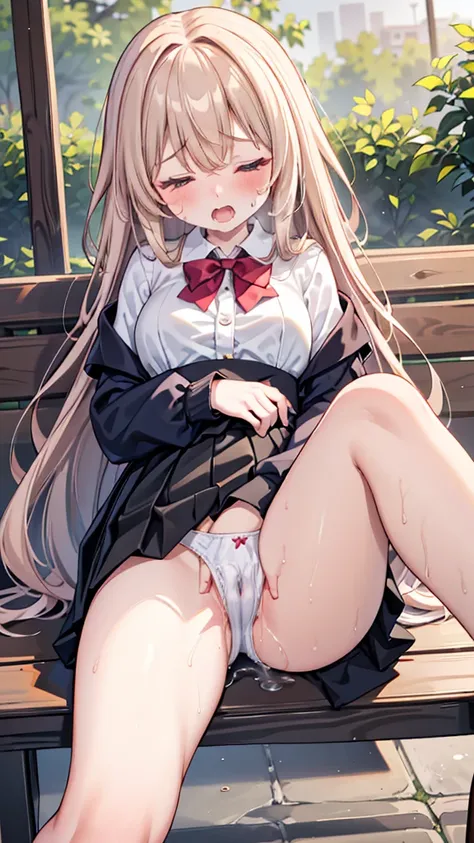 (masterpiece,beautiful,hughres,CG,8k,16k,best quality,high-resolution,detailed fingers,detailed hands,detailed legs,detailed eyes:1.5),(front,panties focus:1.6),(2girls,yuri,Get close:2),(outdoor,garden:1.2),(2 people on a bench,Lean on:1.7),(long hair,ple...